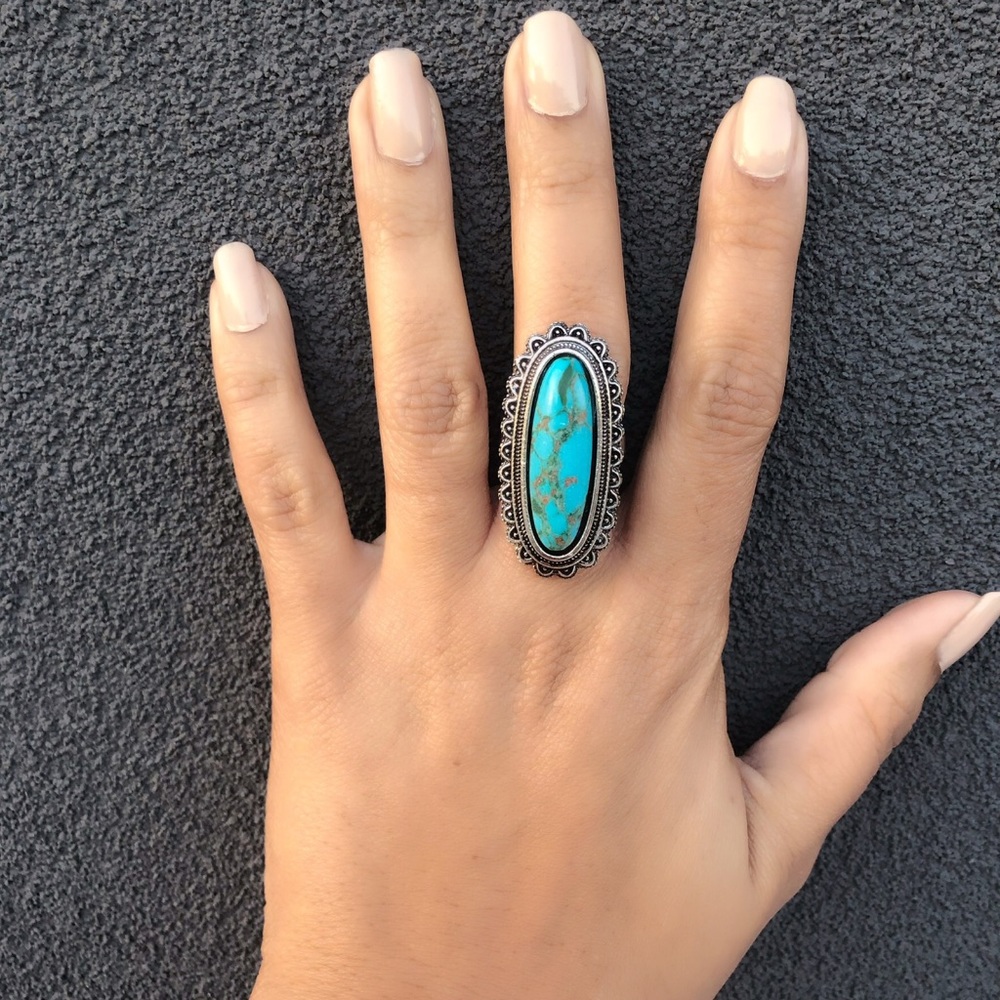 Simulated Turquoise Silver Tone Fashion Ring